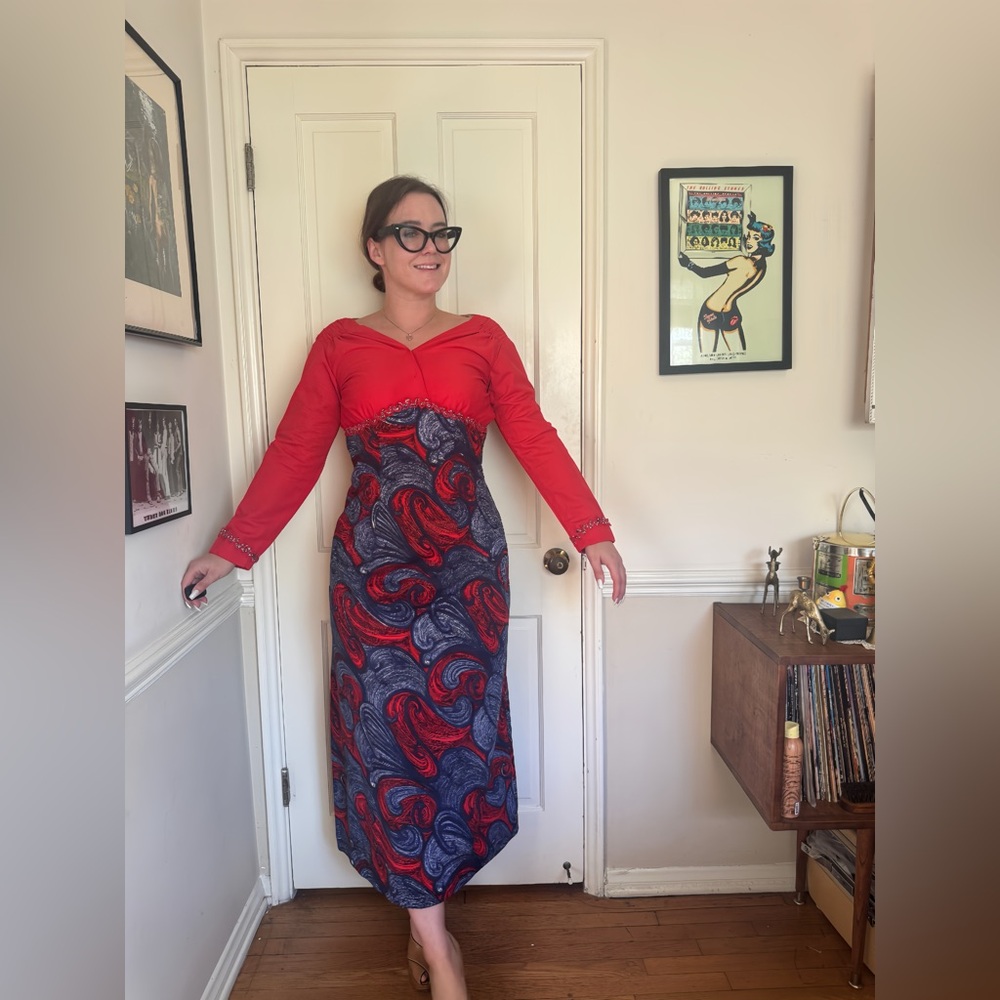 70s Vintage Red and Blue Gown Sz Sm